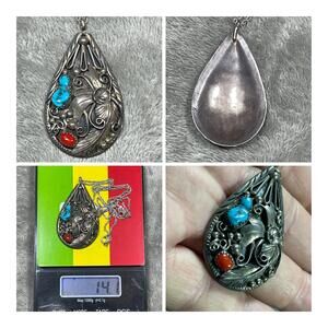 Native American Navajo Sterling silver turquoise coral pendant W/ Necklace !!